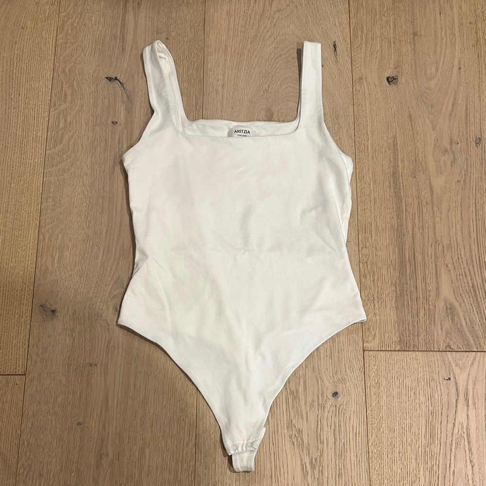 Aritzia White Ribbed Square-Neck Bodysuit